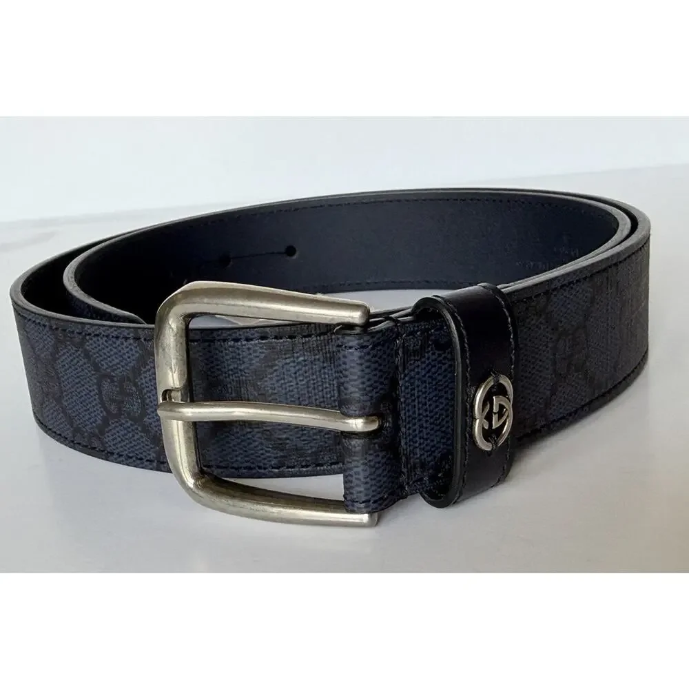 Gucci Interlocking GG Supreme Details Leather Belt Blue/Black 90/36 673921 NWT